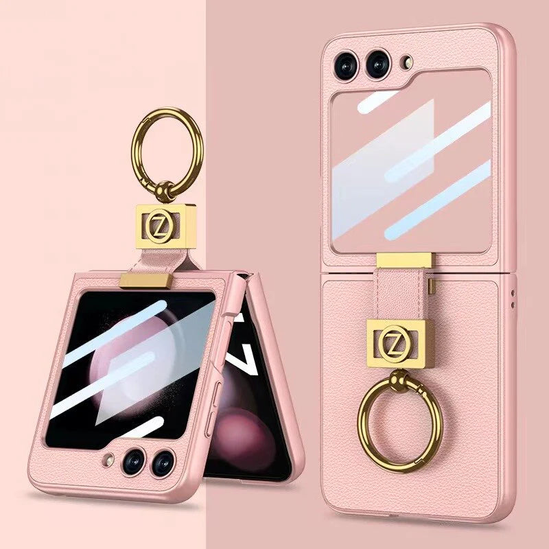 Galaxy Z Flip5 Premium Leather Case with Finger Ring & Camera Lens Protector