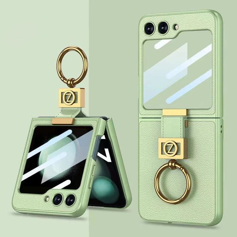 Galaxy Z Flip5 Premium Leather Case with Finger Ring & Camera Lens Protector