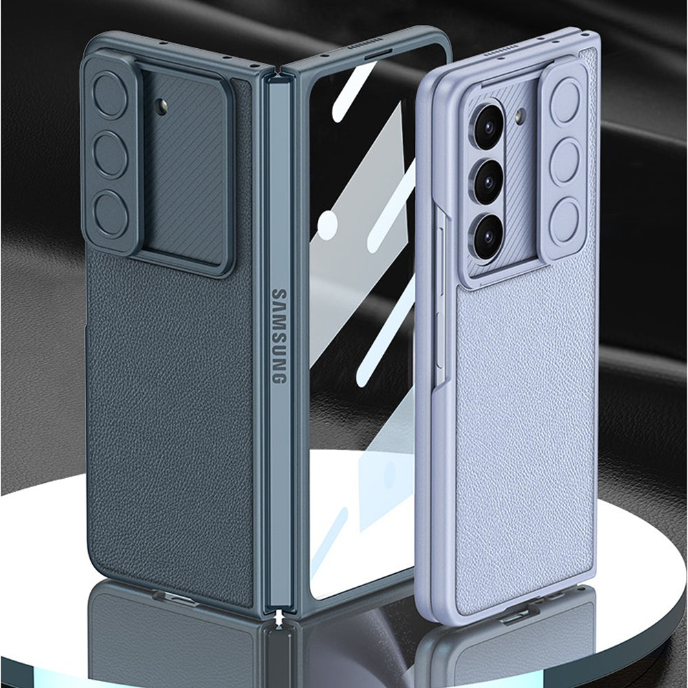 Galaxy Z Fold5 Luxury Leather Lens Slide Window Business Shockproof Shell Case