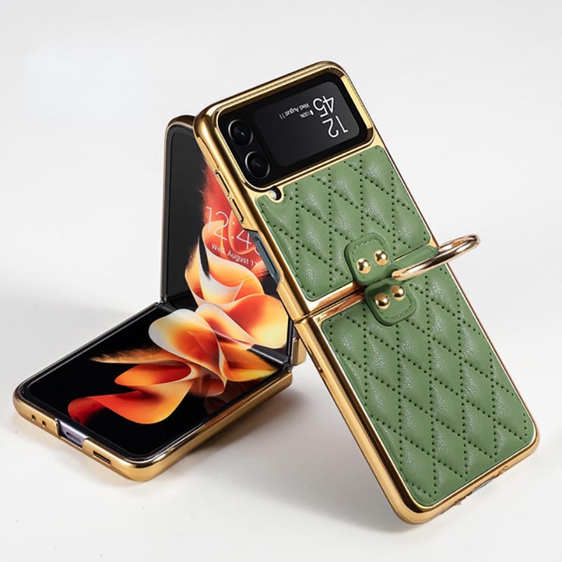 Galaxy Z Flip4 Luxury Leather Folding with Ring Stand Back Case