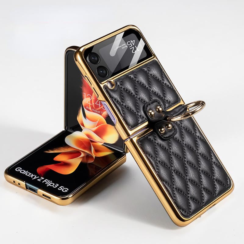 Galaxy Z Flip4 Luxury Leather Folding with Ring Stand Back Case