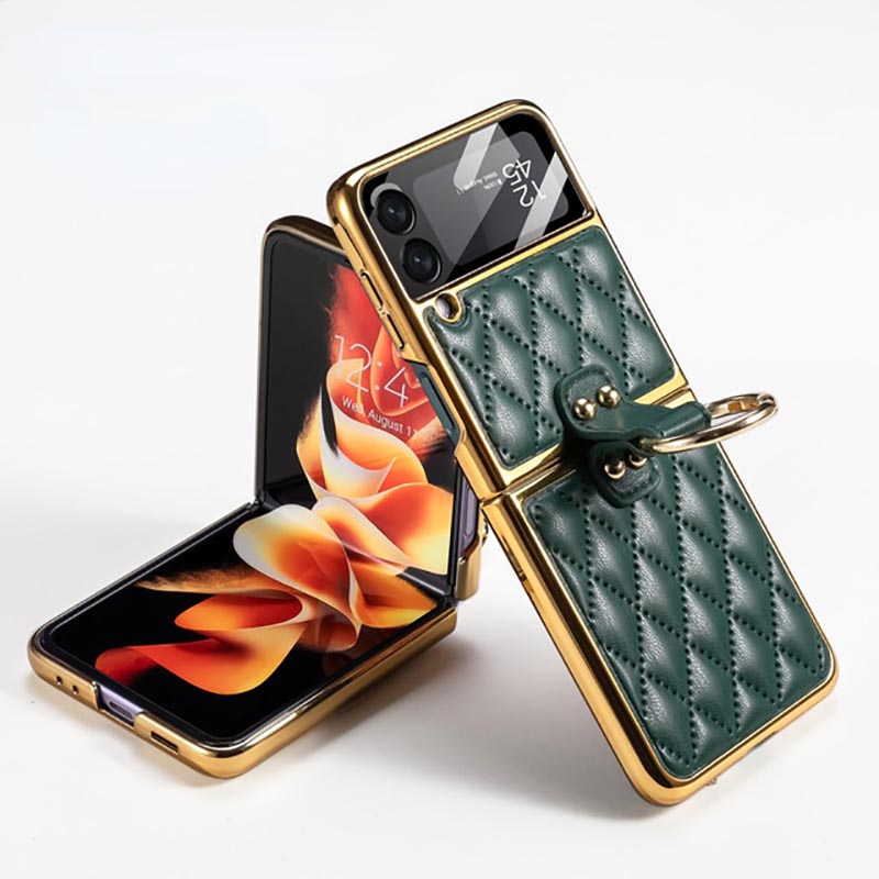 Galaxy Z Flip4 Luxury Leather Folding with Ring Stand Back Case