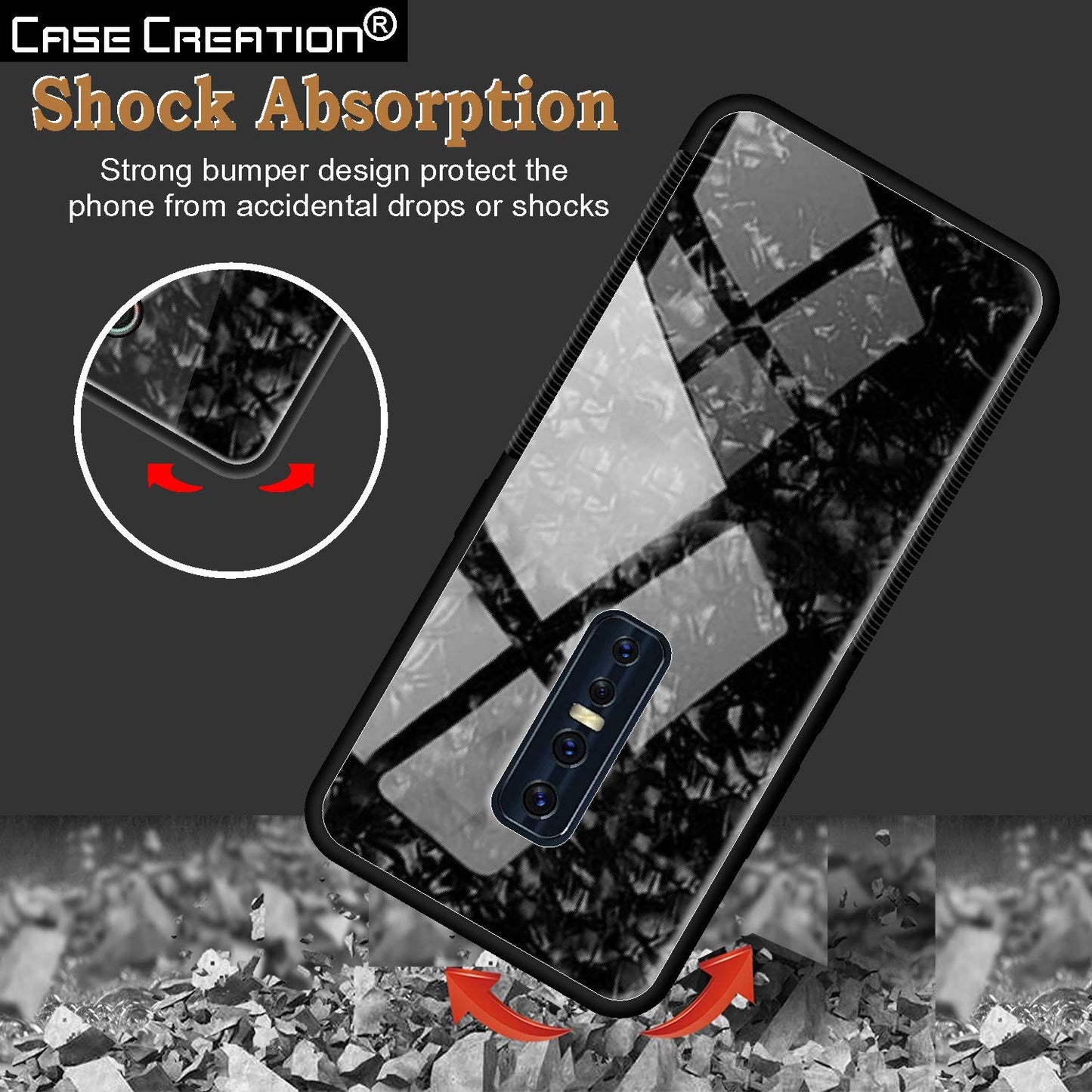 Vivo V17 Pro Textured Marble Pattern Tempered Glass Case- Black