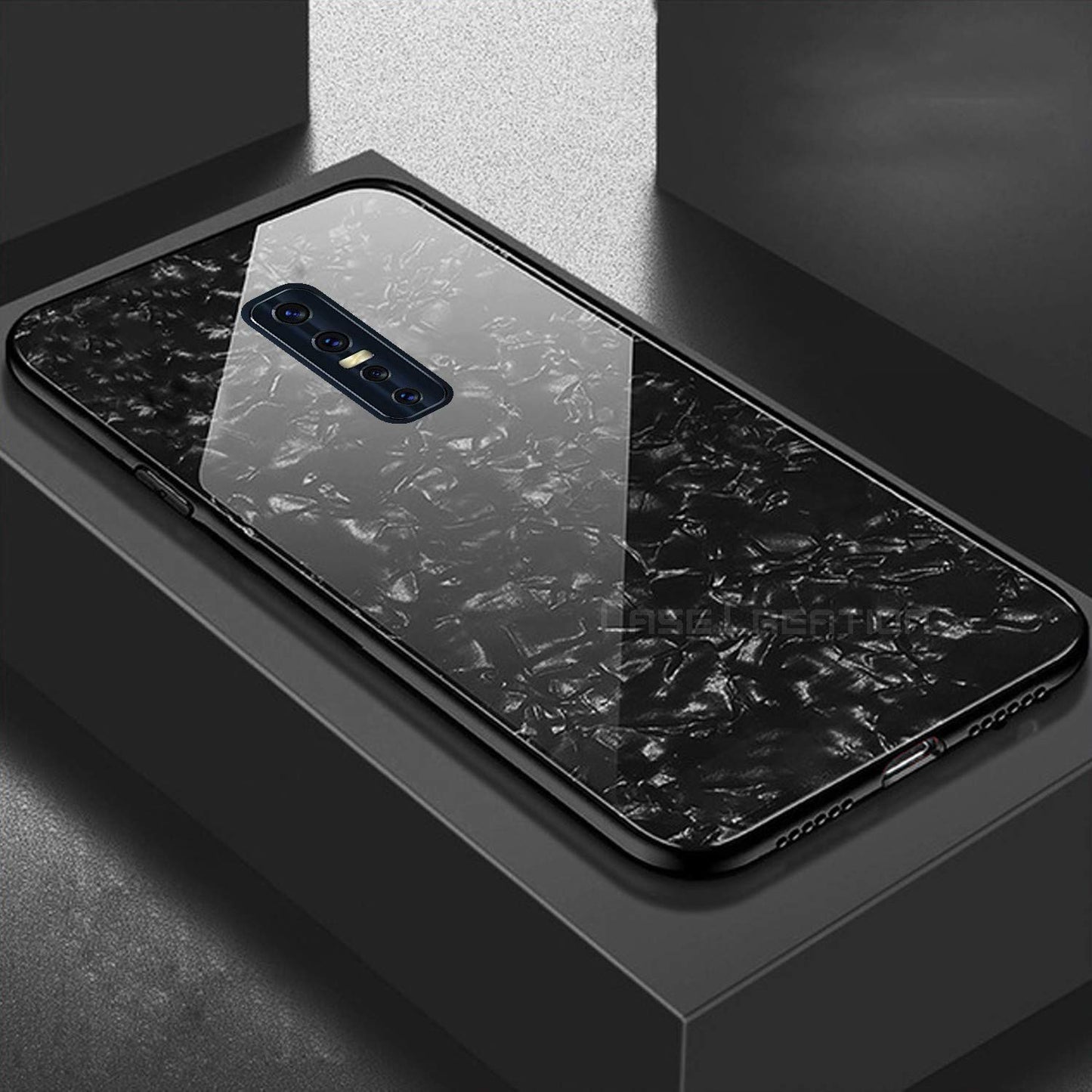 Vivo V17 Pro Textured Marble Pattern Tempered Glass Case- Black