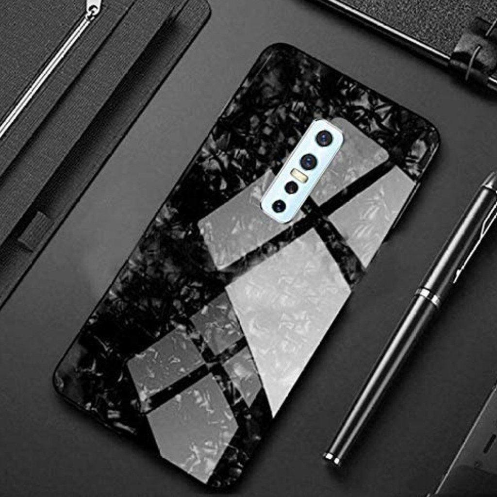Vivo V17 Pro Textured Marble Pattern Tempered Glass Case- Black