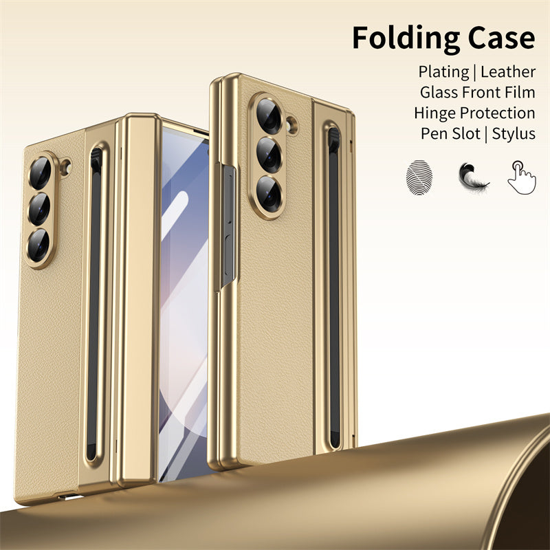 Galaxy Z Fold Series Premium Plating Leather Case with Stylus Holder & Tempered Glass Protection