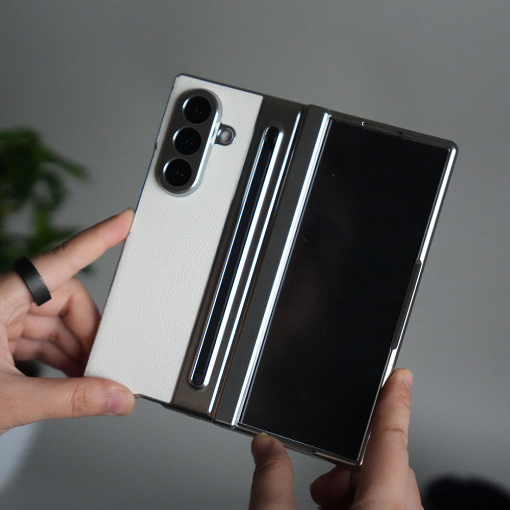 Galaxy Z Fold Series Premium Plating Leather Case with Stylus Holder & Tempered Glass Protection