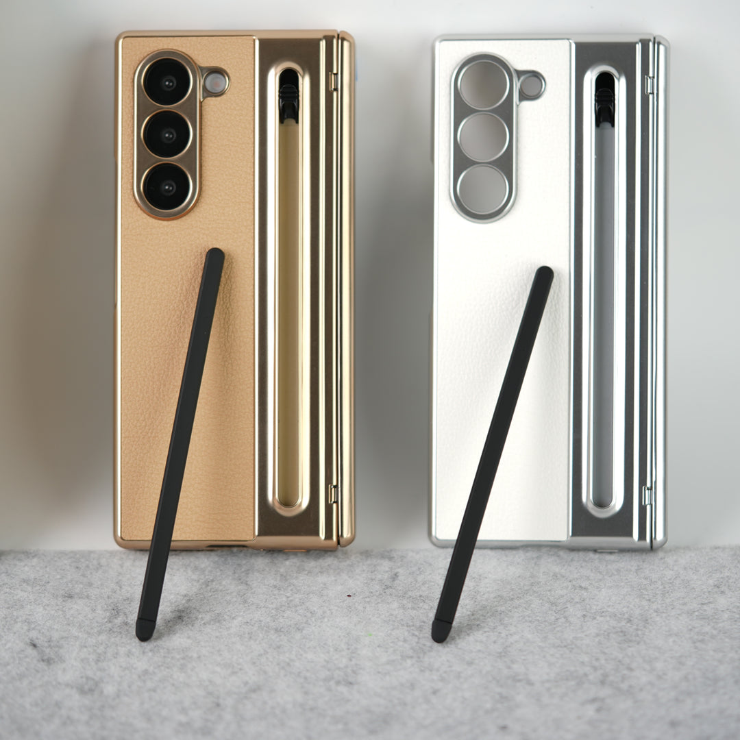Galaxy Z Fold Series Premium Plating Leather Case with Stylus Holder & Tempered Glass Protection
