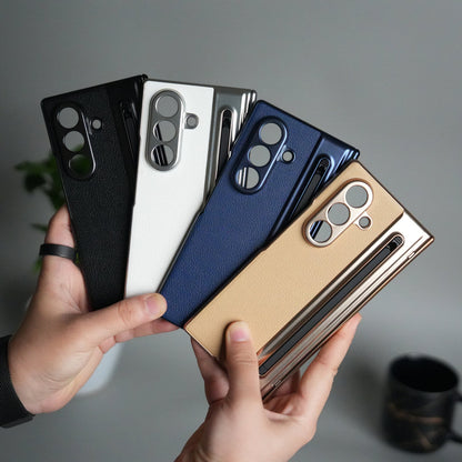 Galaxy Z Fold Series Premium Plating Leather Case with Stylus Holder & Tempered Glass Protection