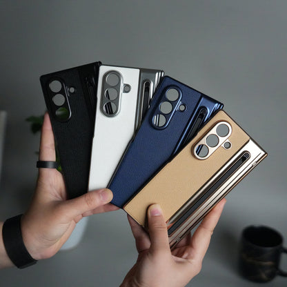 Galaxy Z Fold Series Premium Plating Leather Case with Stylus Holder & Tempered Glass Protection