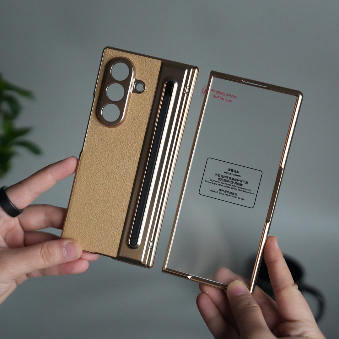 Galaxy Z Fold Series Premium Plating Leather Case with Stylus Holder & Tempered Glass Protection