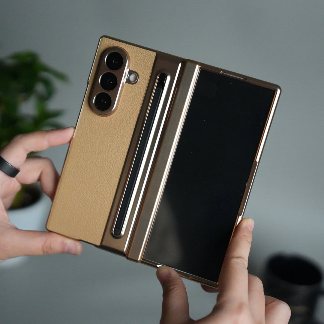 Galaxy Z Fold Series Premium Plating Leather Case with Stylus Holder & Tempered Glass Protection