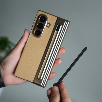 Galaxy Z Fold Series Premium Plating Leather Case with Stylus Holder & Tempered Glass Protection