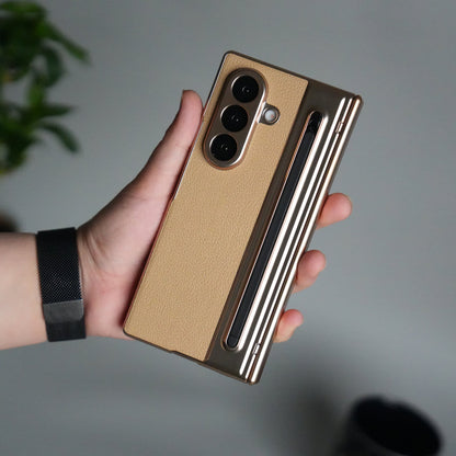 Galaxy Z Fold Series Premium Plating Leather Case with Stylus Holder & Tempered Glass Protection