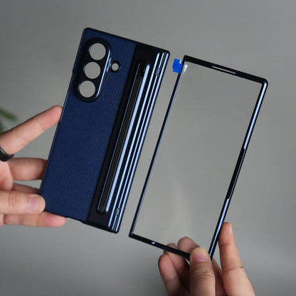 Galaxy Z Fold Series Premium Plating Leather Case with Stylus Holder & Tempered Glass Protection