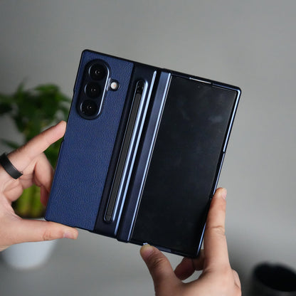 Galaxy Z Fold Series Premium Plating Leather Case with Stylus Holder & Tempered Glass Protection