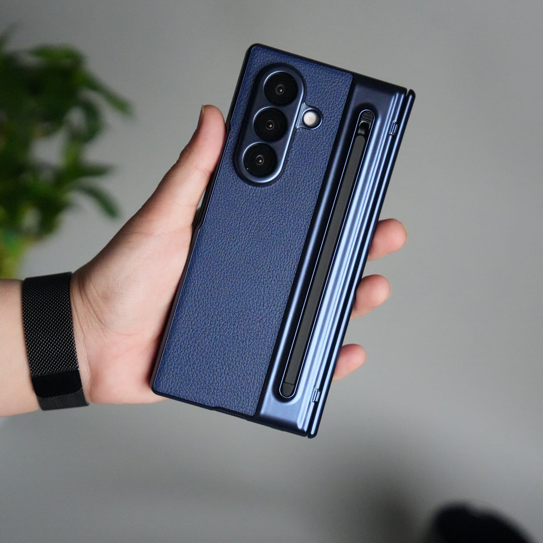 Galaxy Z Fold Series Premium Plating Leather Case with Stylus Holder & Tempered Glass Protection