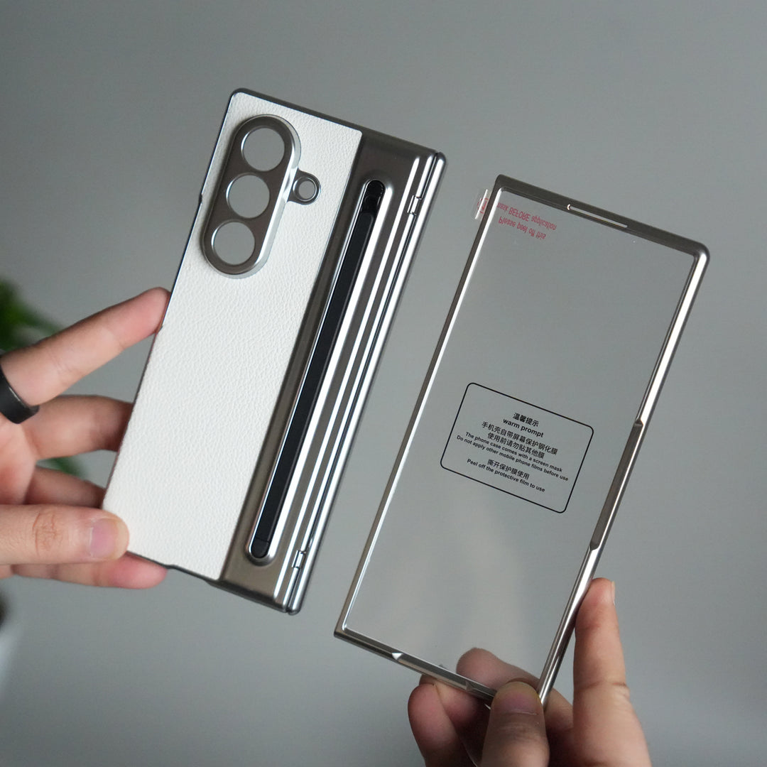 Galaxy Z Fold Series Premium Plating Leather Case with Stylus Holder & Tempered Glass Protection