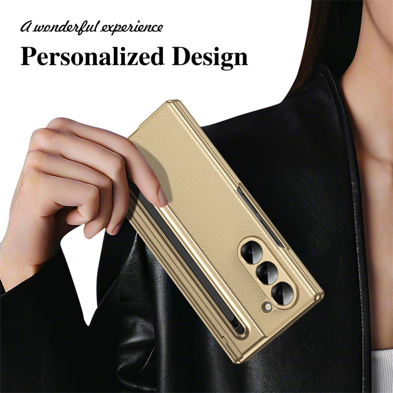 Galaxy Z Fold Series Premium Plating Leather Case with Stylus Holder & Tempered Glass Protection