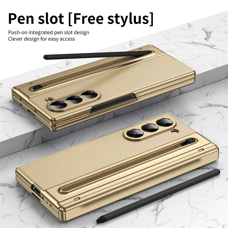 Galaxy Z Fold Series Premium Plating Leather Case with Stylus Holder & Tempered Glass Protection