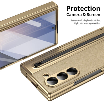 Galaxy Z Fold Series Premium Plating Leather Case with Stylus Holder & Tempered Glass Protection