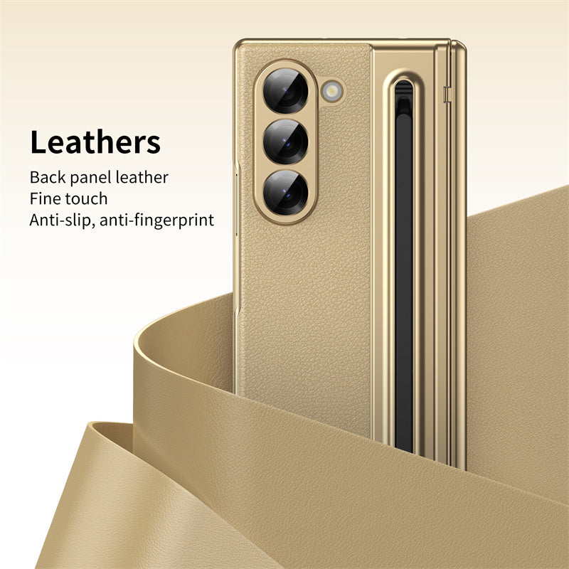 Galaxy Z Fold Series Premium Plating Leather Case with Stylus Holder & Tempered Glass Protection