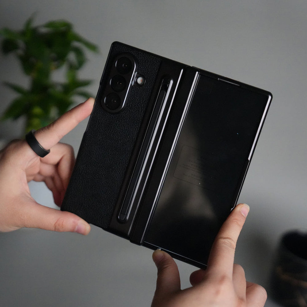 Galaxy Z Fold Series Premium Plating Leather Case with Stylus Holder & Tempered Glass Protection