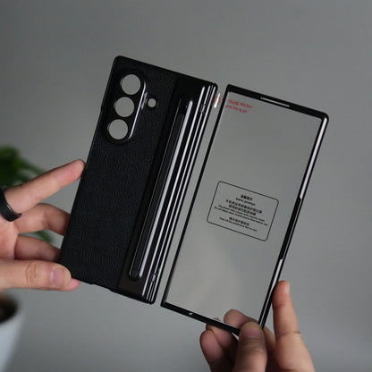 Galaxy Z Fold Series Premium Plating Leather Case with Stylus Holder & Tempered Glass Protection