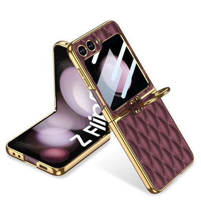 Galaxy Z Flip6 Luxury Leather Folding with Ring Stand Back Case