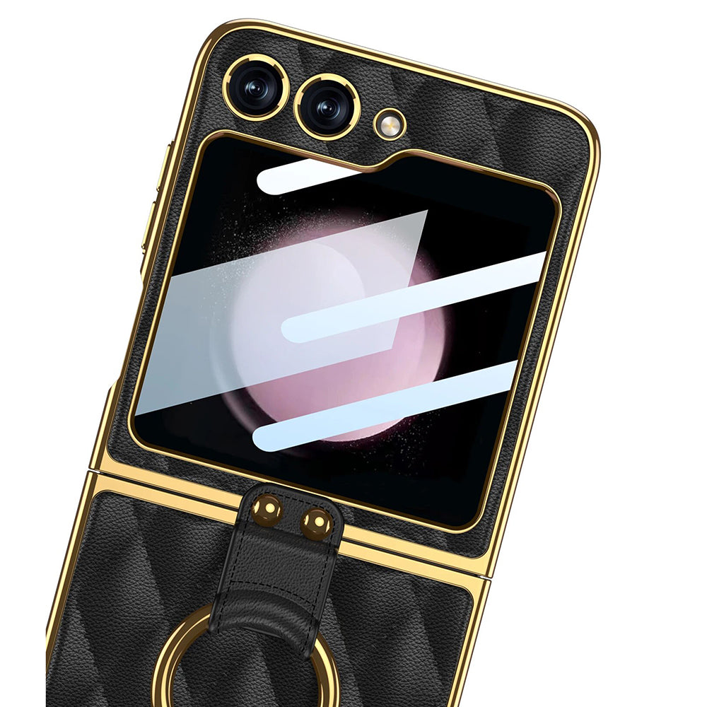 Galaxy Z Flip6 Luxury Leather Folding with Ring Stand Back Case
