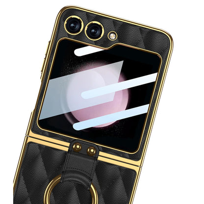 Galaxy Z Flip6 Luxury Leather Folding with Ring Stand Back Case
