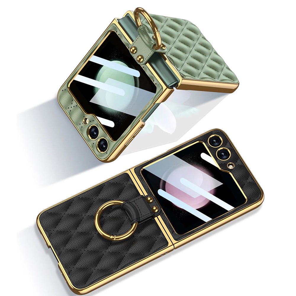 Galaxy Z Flip6 Luxury Leather Folding with Ring Stand Back Case