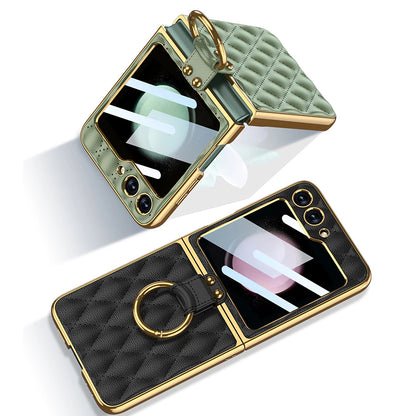 Galaxy Z Flip6 Luxury Leather Folding with Ring Stand Back Case