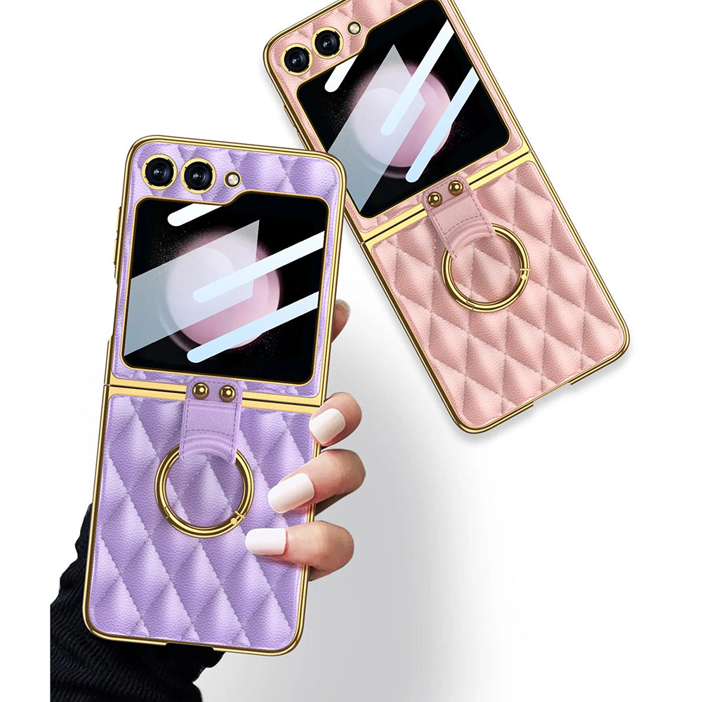 Galaxy Z Flip6 Luxury Leather Folding with Ring Stand Back Case