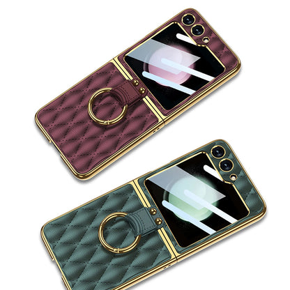 Galaxy Z Flip6 Luxury Leather Folding with Ring Stand Back Case