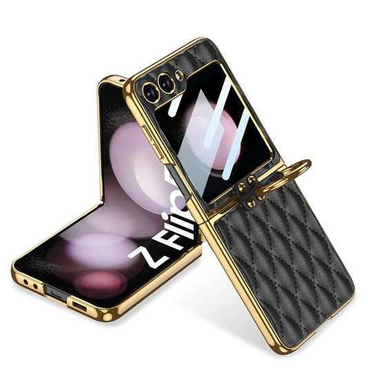 Galaxy Z Flip5 Luxury Leather Folding with Ring Stand Back Case