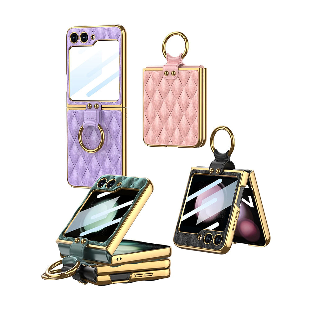 Galaxy Z Flip6 Luxury Leather Folding with Ring Stand Back Case