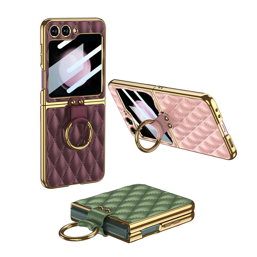 Galaxy Z Flip6 Luxury Leather Folding with Ring Stand Back Case
