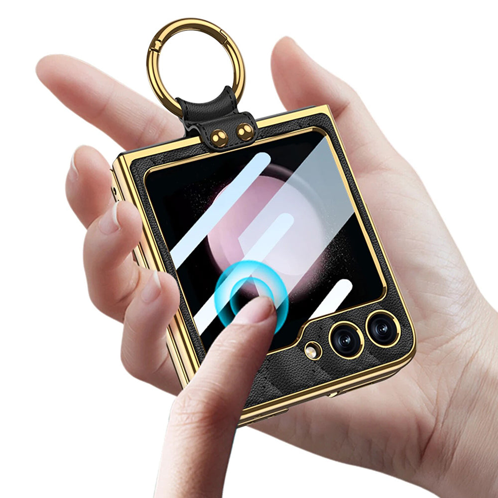 Galaxy Z Flip6 Luxury Leather Folding with Ring Stand Back Case