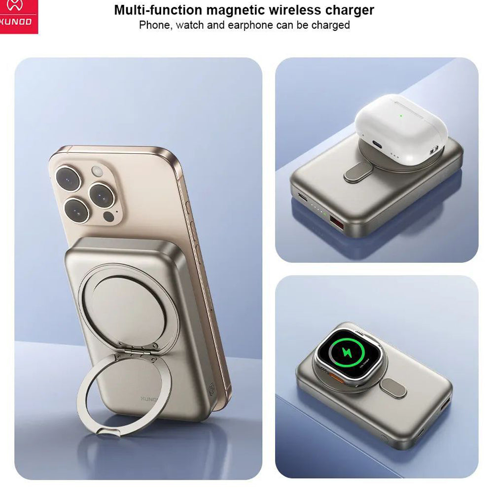 XUNDO 3-in-1 Rotatable Stand Magnetic Power Bank – 10000mAh, 20W Fast Charging | Wireless Power Bank for Phone, Earphone & Watch