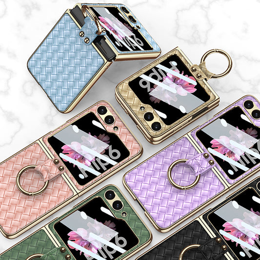 Galaxy Z Flip6 Luxury Leather Folding with Ring Stand Back Case