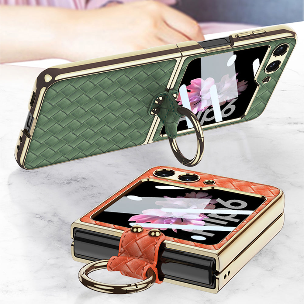 Galaxy Z Flip6 Luxury Leather Folding with Ring Stand Back Case