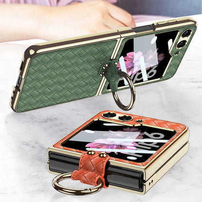 Galaxy Z Flip6 Luxury Leather Folding with Ring Stand Back Case