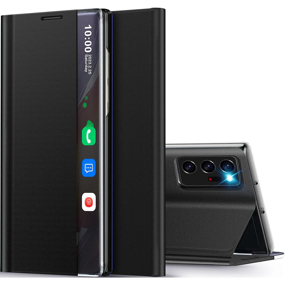 Galaxy Note 20 Ultra Smart View Sensor Flip Leather Case with Stand – Premium IC Window Cover Black