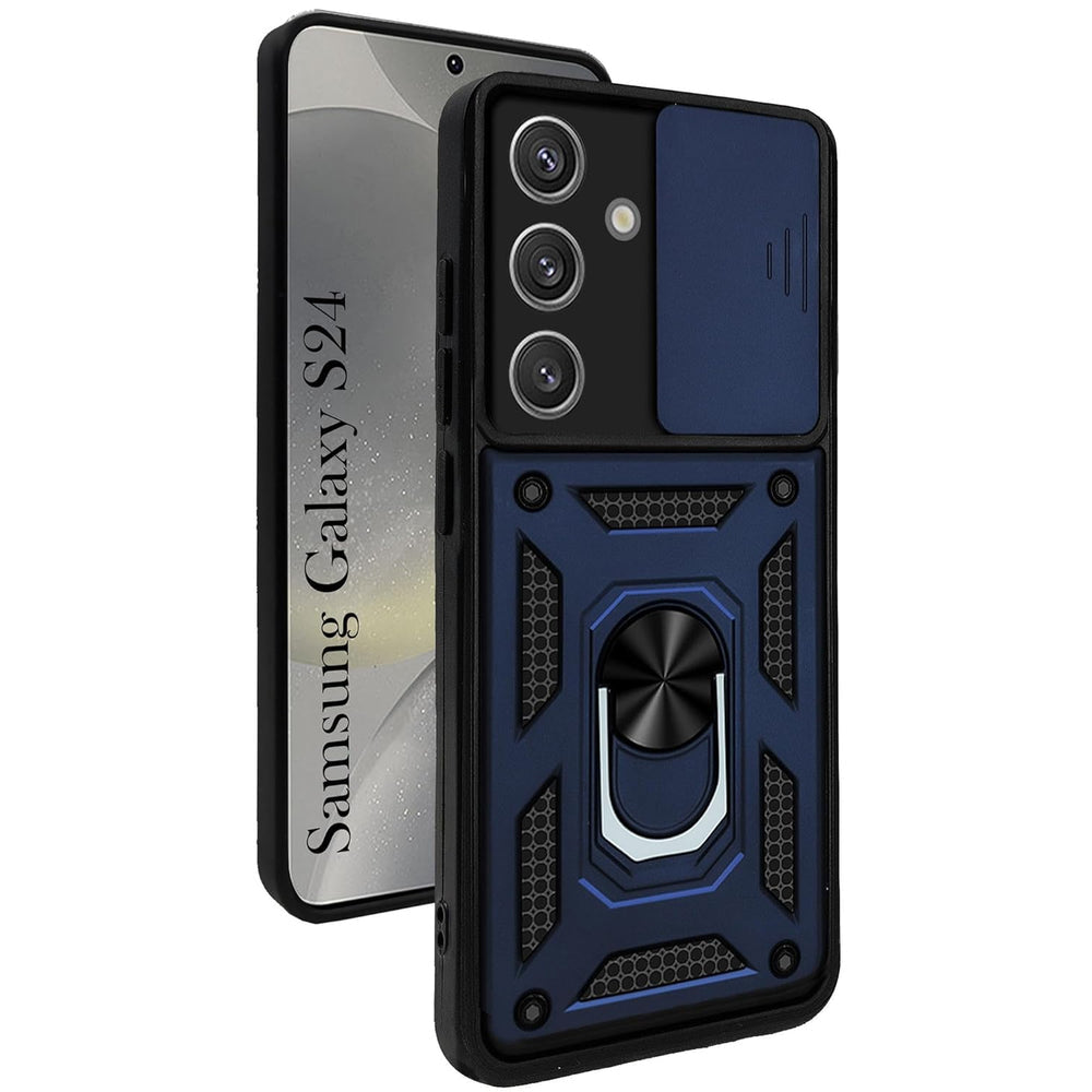 Galaxy S24 Hybrid Dual Armor Case with Camera Slide Cover – Shockproof Polycarbonate Protection