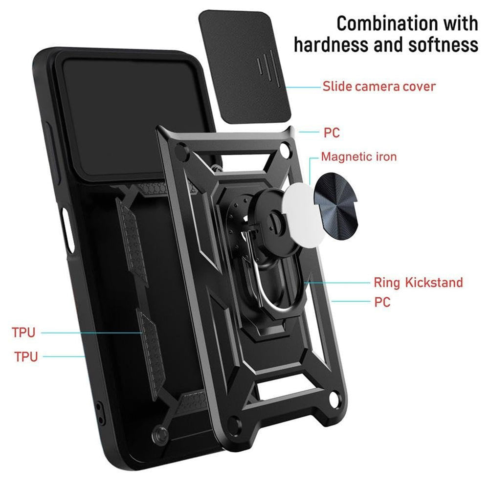 Galaxy S24 Hybrid Dual Armor Case with Camera Slide Cover – Shockproof Polycarbonate Protection