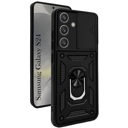 Galaxy S24 Hybrid Dual Armor Case with Camera Slide Cover – Shockproof Polycarbonate Protection