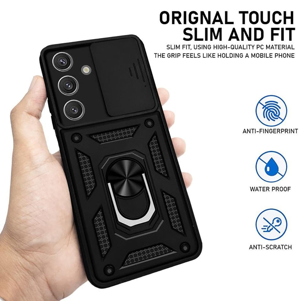 Galaxy S24 Hybrid Dual Armor Case with Camera Slide Cover – Shockproof Polycarbonate Protection