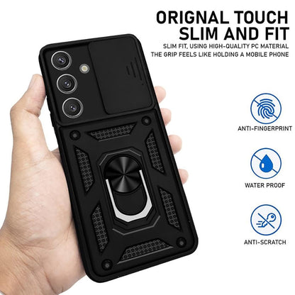 Galaxy S24 Hybrid Dual Armor Case with Camera Slide Cover – Shockproof Polycarbonate Protection