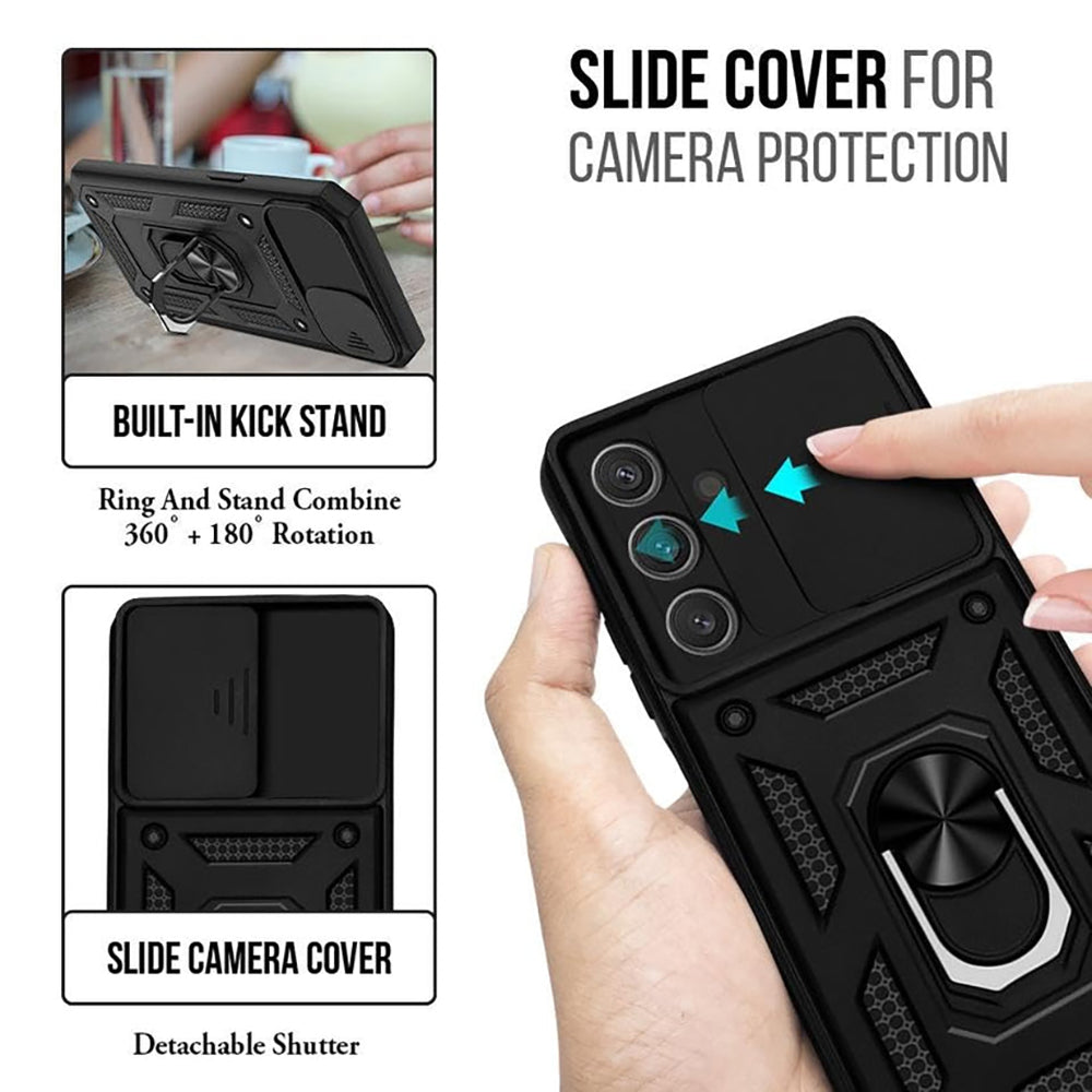 Galaxy S24 Hybrid Dual Armor Case with Camera Slide Cover – Shockproof Polycarbonate Protection